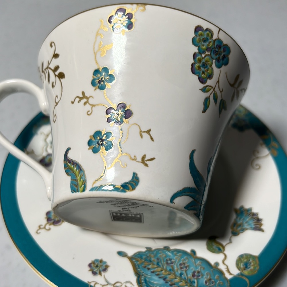 Vintage Retired Flat Cup & Saucer Set Eliza Teal by 222 FIFTH Gold Trim - Picture 4 of 7
